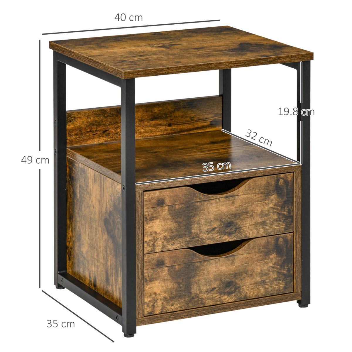HOMCOM Industrial End Table with Two Drawers & Shelf, Metal Frame – Slim Bedside Storage Cabinet, Rustic Brown