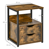 HOMCOM Industrial End Table with Two Drawers & Shelf, Metal Frame – Slim Bedside Storage Cabinet, Rustic Brown