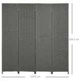 4-Panel Folding Room Divider, Wave Fibre Woven Wicker Effect Privacy Screen with Wood Frame, Grey