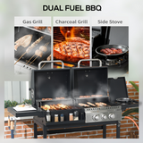 Outsunny Dual Fuel BBQ Grill with Wheels, Warming Racks and Thermometer – Gas and Charcoal Barbecue, Black