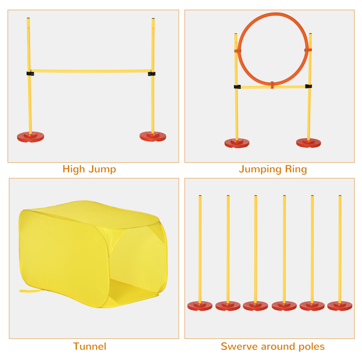 Dog Agility Training Set with High Jump, Tunnel, Weave Poles and Jumping Ring – Outdoor Exercise, Yellow