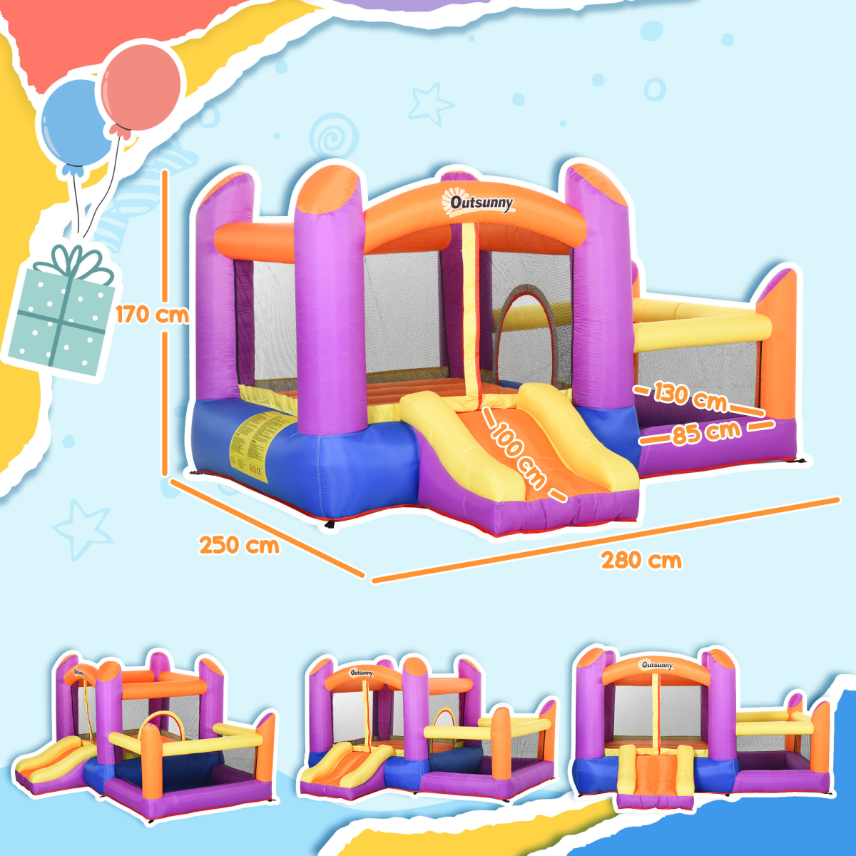 Outsunny Inflatable Bouncy Castle with Slide, Pool & Trampoline, Includes Blower – Kids Garden Play, Multi-Colour