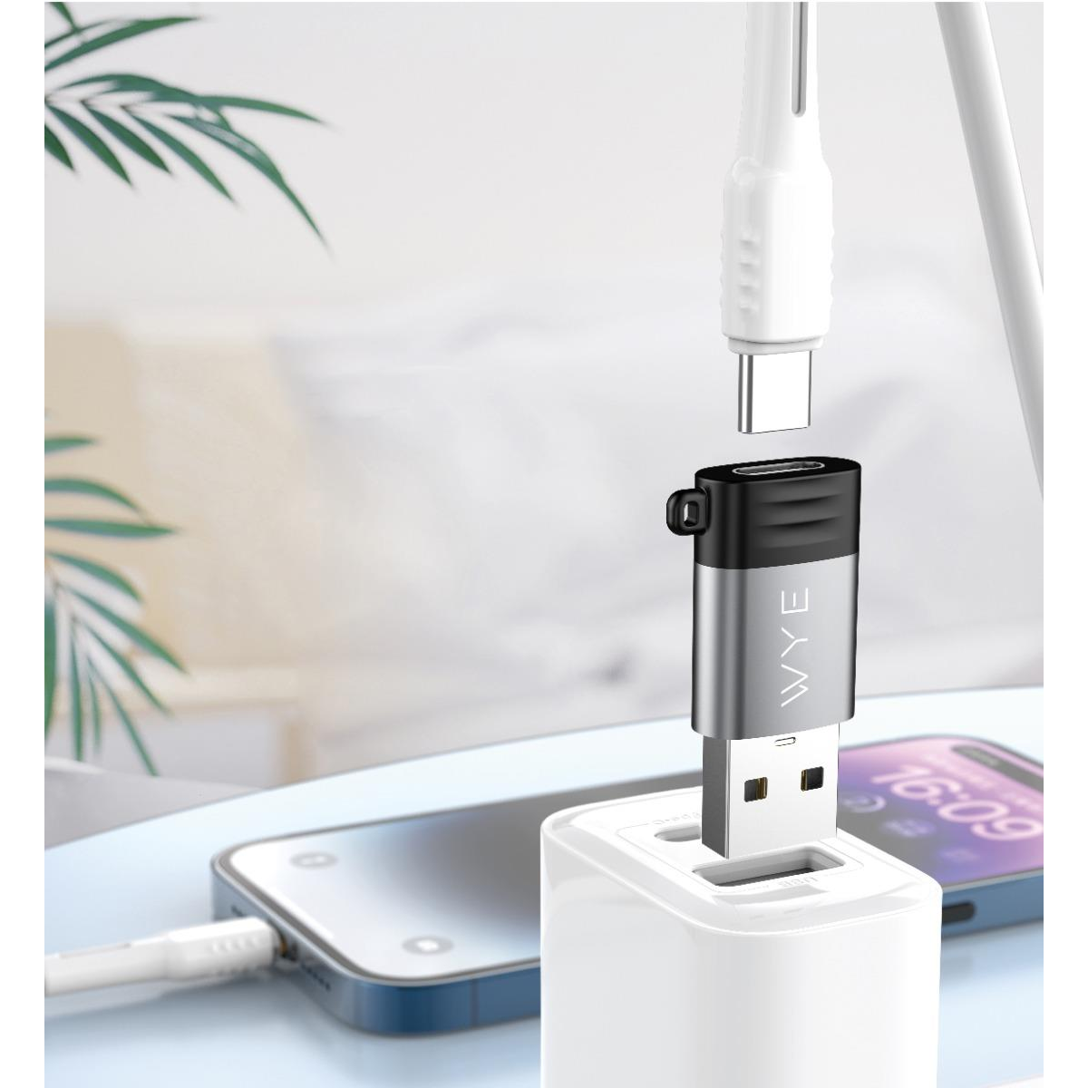 WYEFLOW USB-C to USB-A Mini Adaptor with Anti-Loss Lanyard – Plug and Play Data Transfer, Silver