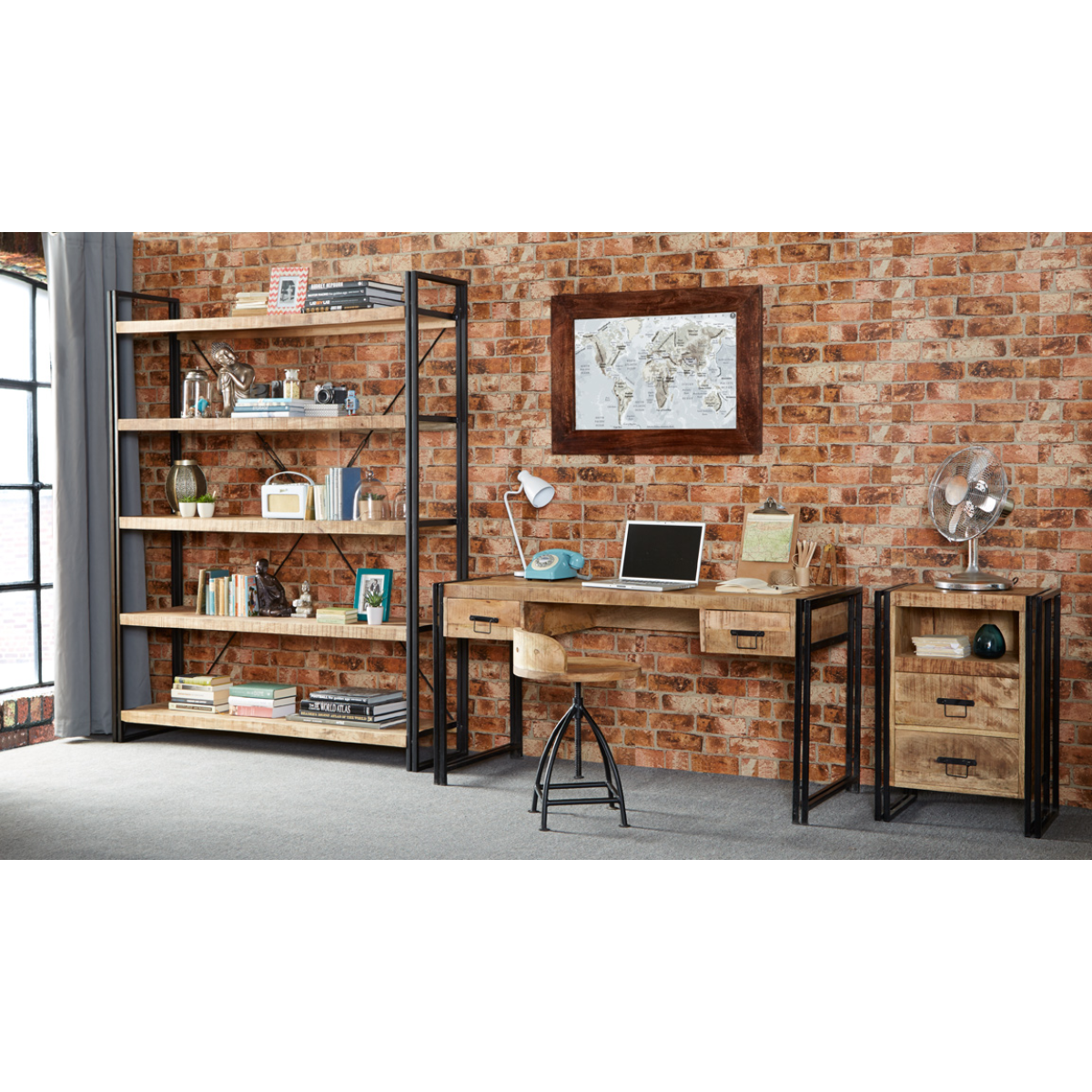 Cosmo Industrial Large Open Bookcase in Solid Mango Wood & Reclaimed Metal – Hand-Crafted Eco-Friendly Shelving