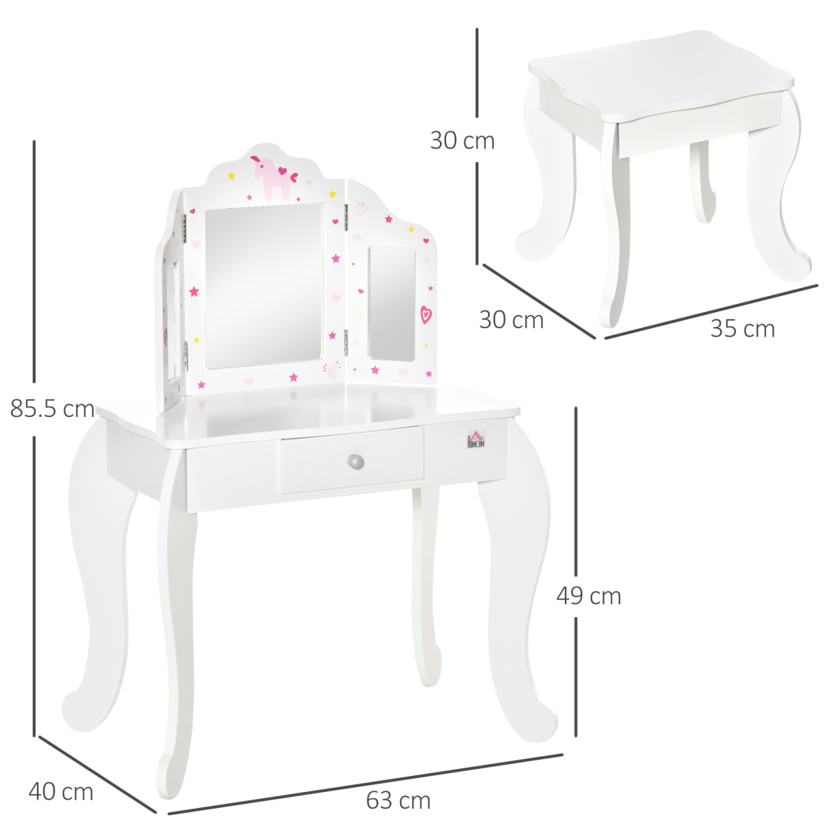 HOMCOM Kids Vanity Table and Stool Set with Rotatable Mirrors & Drawer – Girls' Dressing Table, Stars & Hearts
