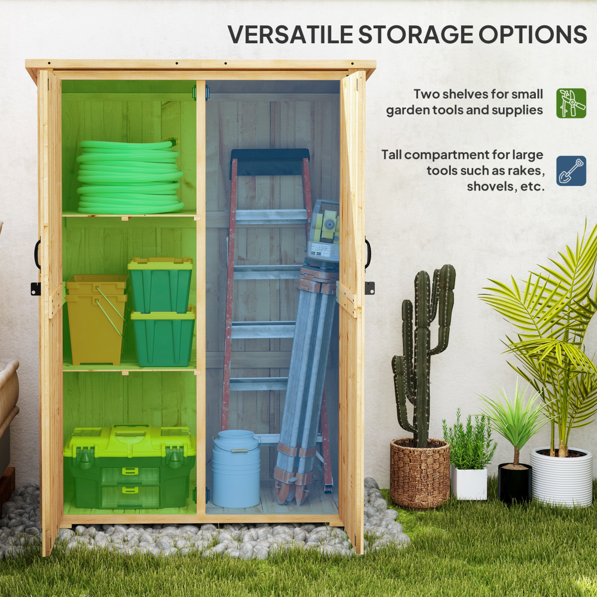Outsunny Wooden Garden Tool Storage Cabinet with Double Doors, Shelves and Asphalt Roof – Fir Wood, Natural