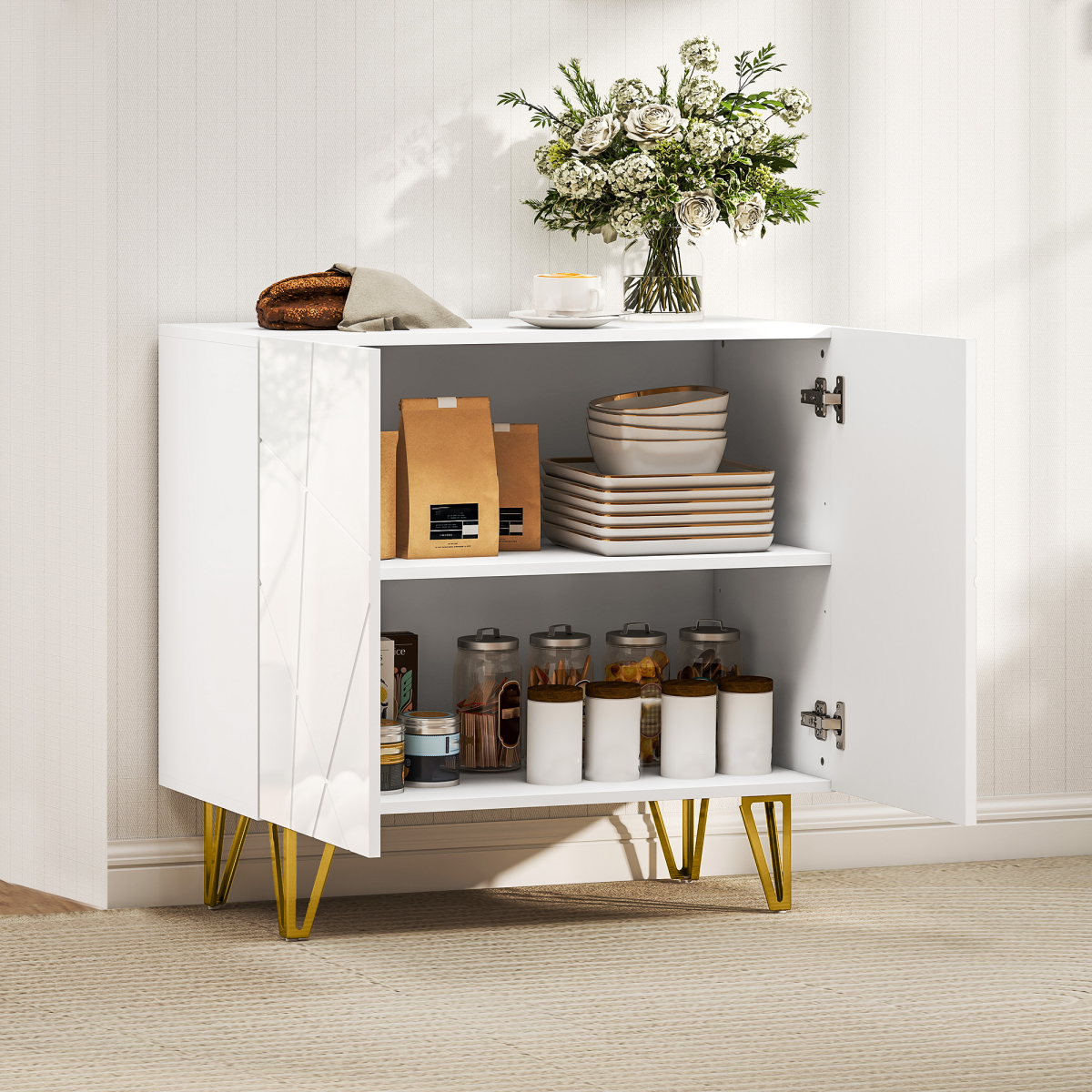 High Gloss White Sideboard Cabinet with Gold Hairpin Legs, Soft-Close Hinges & Adjustable Shelf