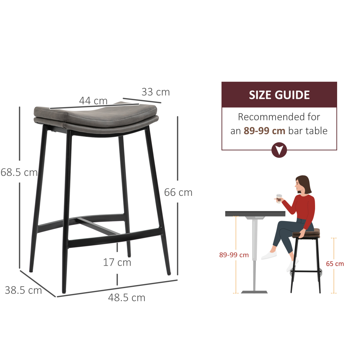 HOMCOM Upholstered Breakfast Bar Stools with Curved Seats & Footrest – Set of 2 Kitchen Stools, Grey
