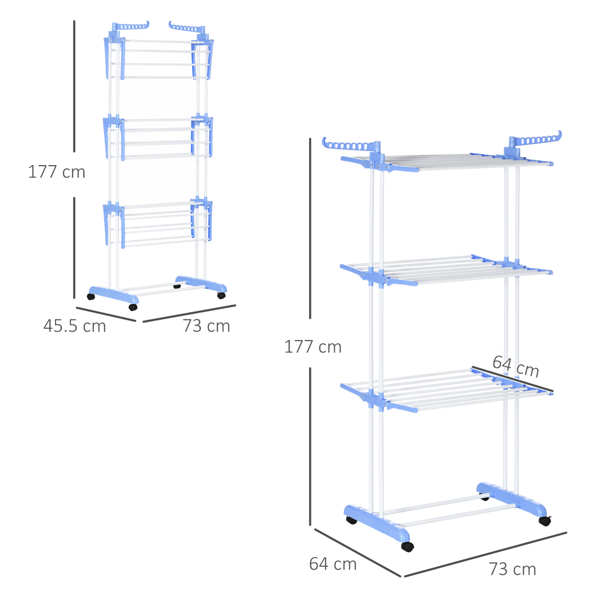 HOMCOM Foldable Three-Tier Clothes Drying Rack with Casters and Brakes – Steel Garment Airer, Blue