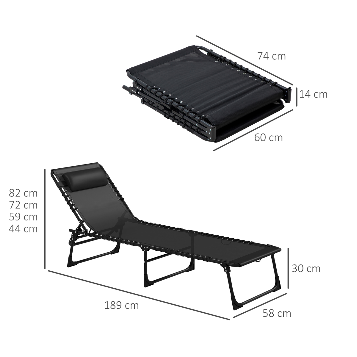 Outsunny Set of 2 Folding Beach Lounge Chairs with 4-Position Recline & Padded Headrest – Steel Frame, Black