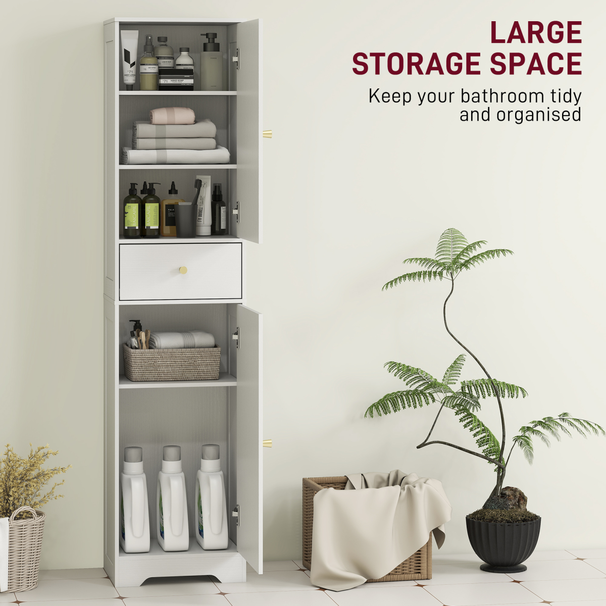 HOMCOM Tall Bathroom Storage Cabinet with Arched Doors, Drawer & Adjustable Shelf – Slim Design, White