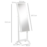 Lockable Mirrored Jewellery Cabinet with Adjustable Long Mirror, 4 Shelves & Necklace Hooks – White Armoire