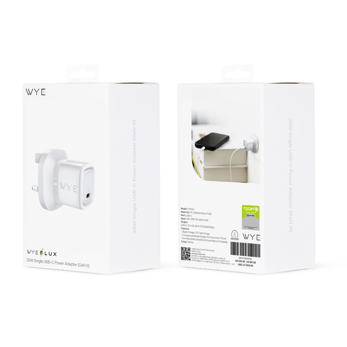 WYEFLUX 25W Single USB-C Power Adapter with Quick Charge & PD – Compact Travel Charger, White