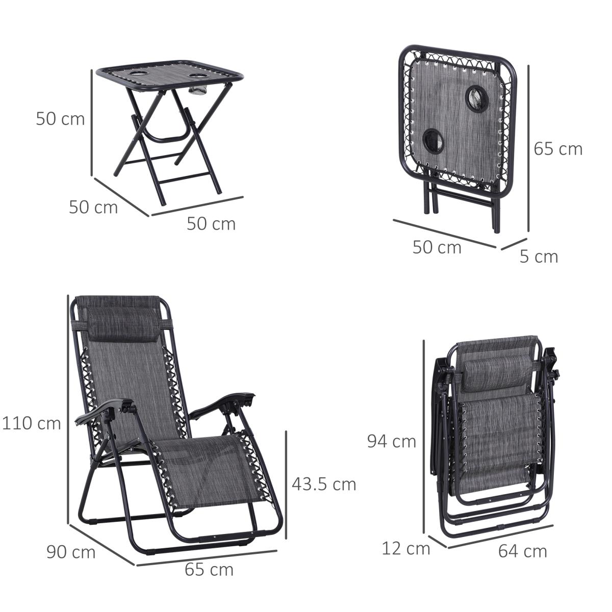 Outsunny 3-Piece Zero Gravity Chairs & Side Table Set with Cup Holders – Foldable Sun Loungers, Light Grey