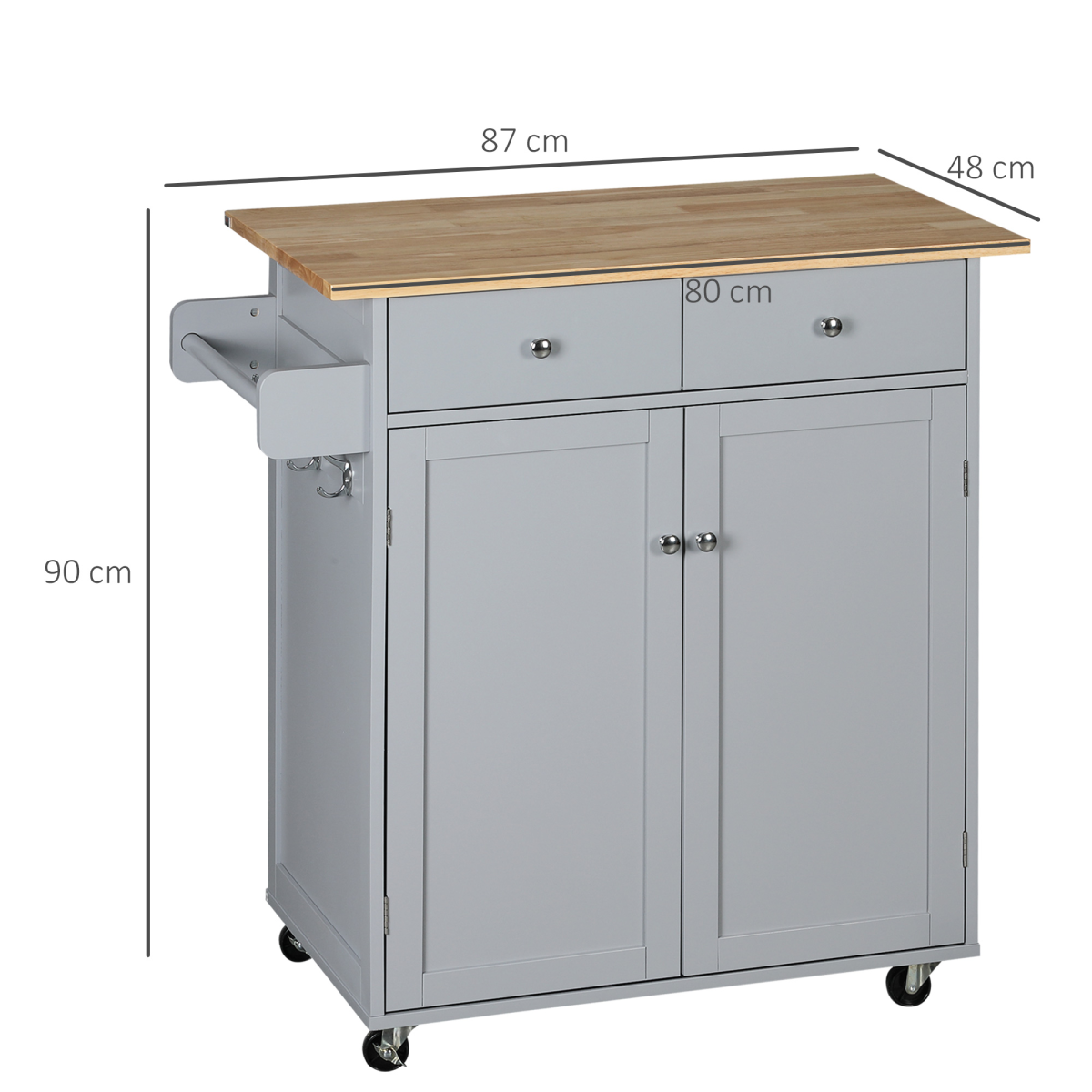 Rolling Kitchen Cart with Rubberwood Top, Towel Rack, Hooks, Drawers & Open Shelf – Grey