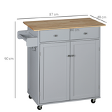 Rolling Kitchen Cart with Rubberwood Top, Towel Rack, Hooks, Drawers & Open Shelf – Grey