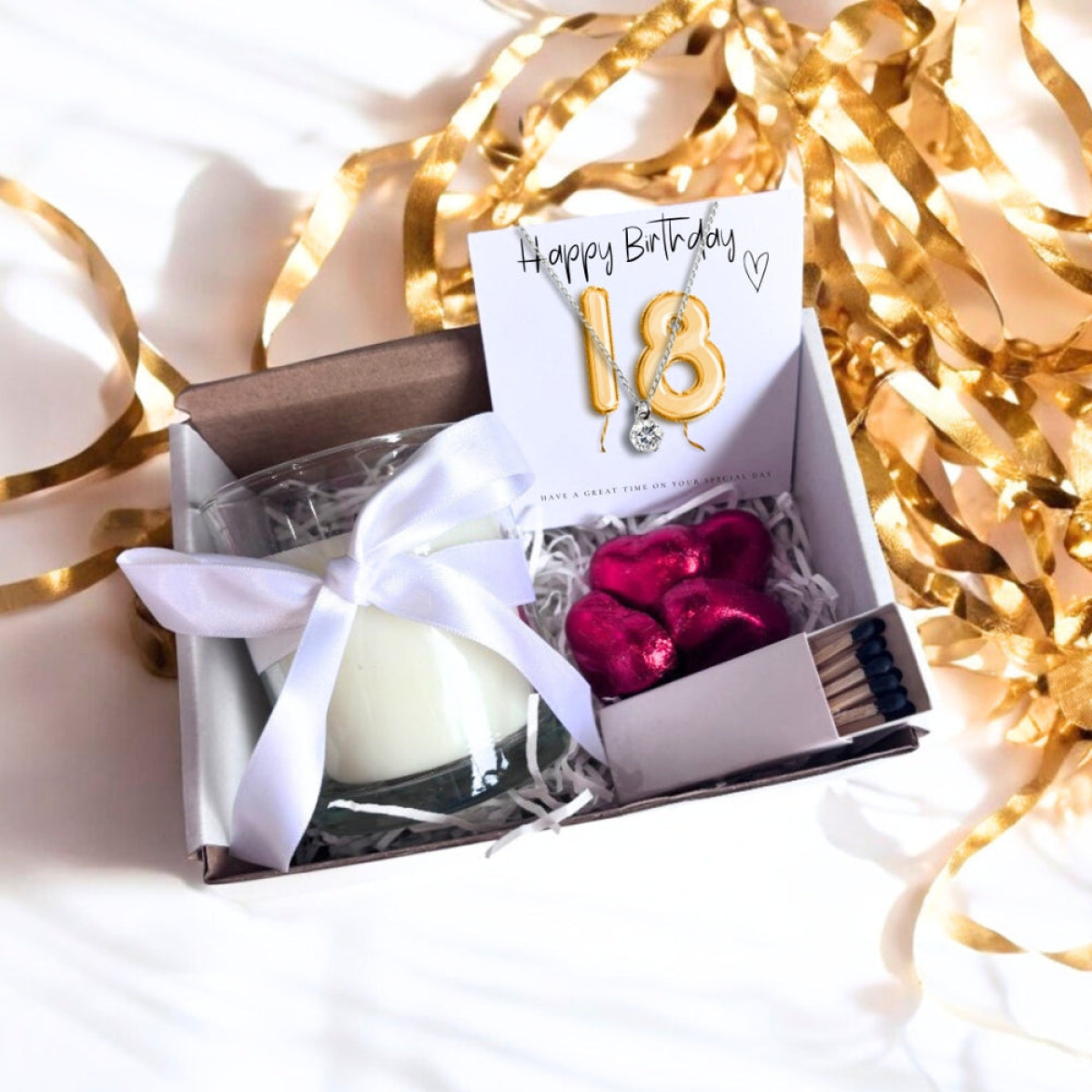 Aye Do Gifts 18th Birthday Gold Balloons Gift Hamper with Sterling Silver Necklace, Linen Candle & Chocolates