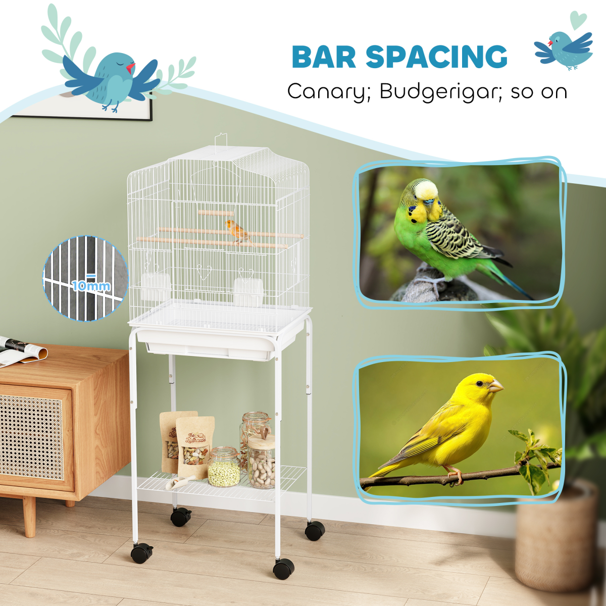 Bird Cage Starter Kit with Detachable Rolling Stand, Perches, Swing & Storage Basket – White