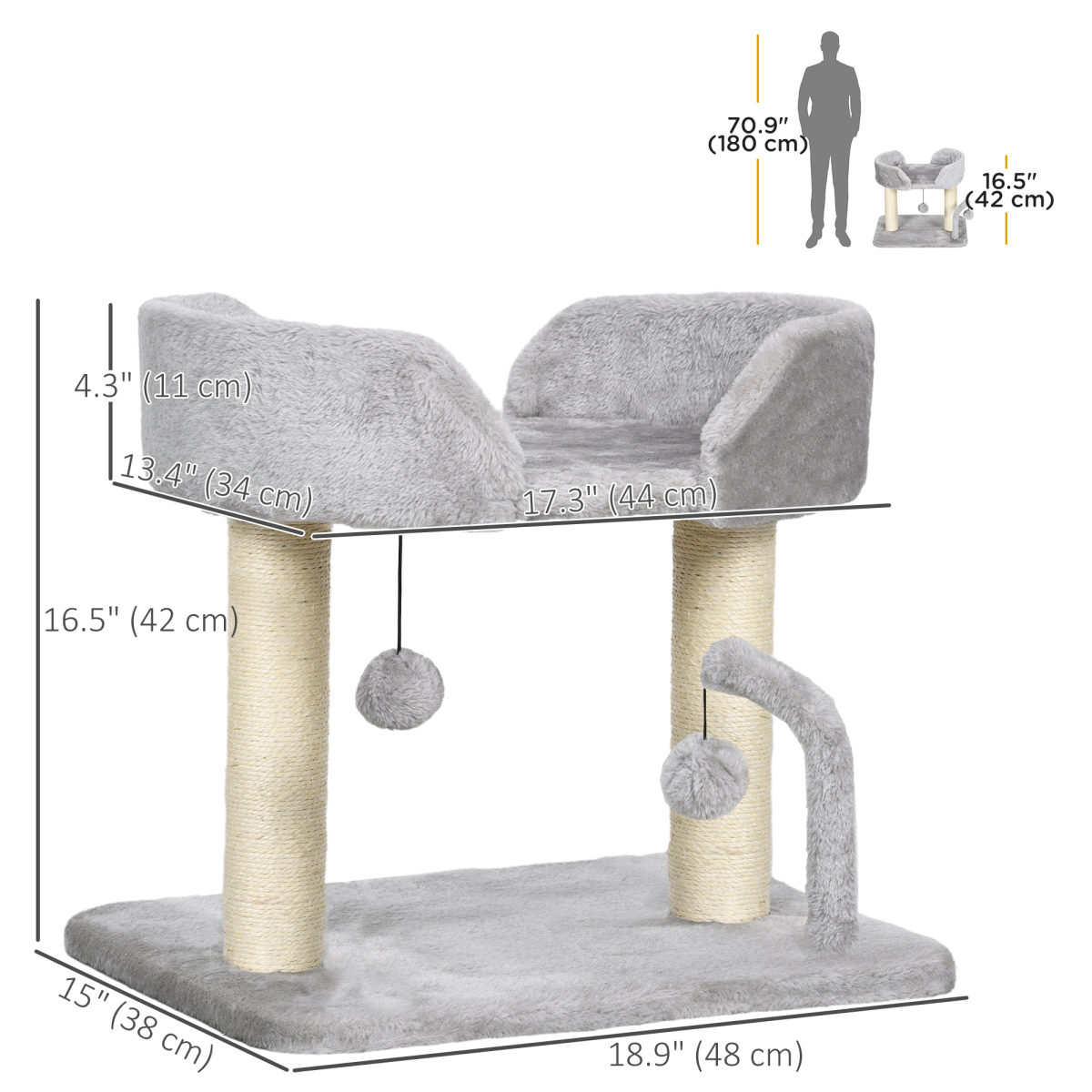 Plush Cat Tree with Sisal Scratching Post, Top Perch & Hanging Toy Balls – Compact Cat Tower, Light Grey