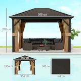 Outsunny 3.6 x 3m Metal Hardtop Gazebo with Zip Curtains & Mosquito Netting – Garden Shelter, Brown