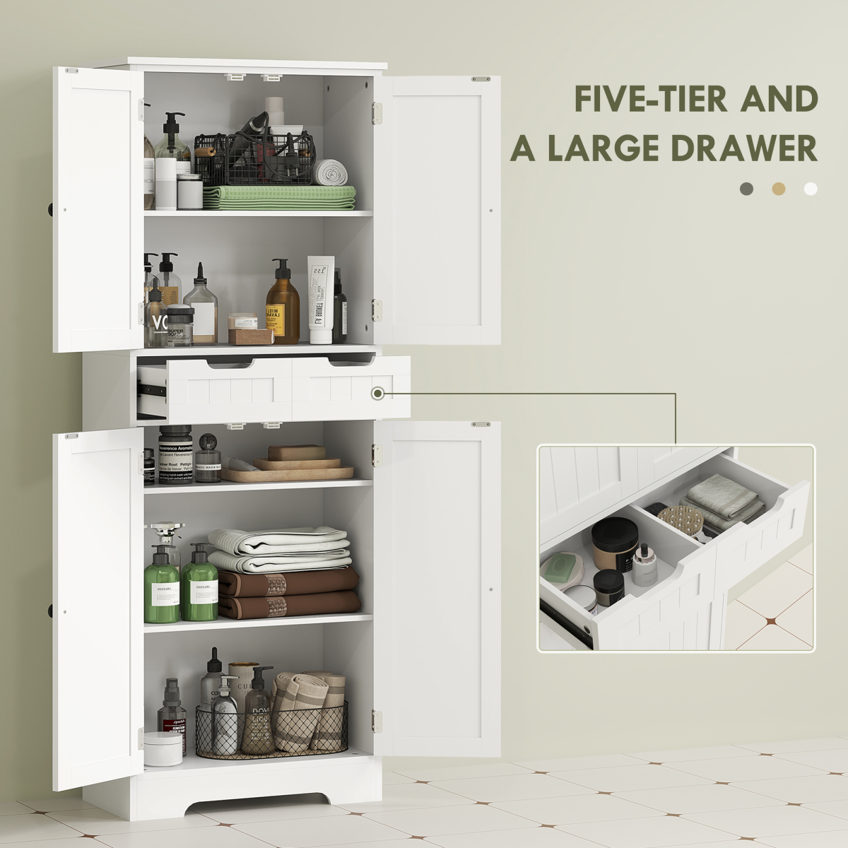 HOMCOM Tall Bathroom Cabinet with Drawer, 2 Doors and Adjustable Shelf – Slim Space-Saving Storage, White