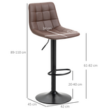 HOMCOM Set of 2 Adjustable Swivel Bar Stools with Footrest – Quilted Faux Leather Home Pub Stools, Brown