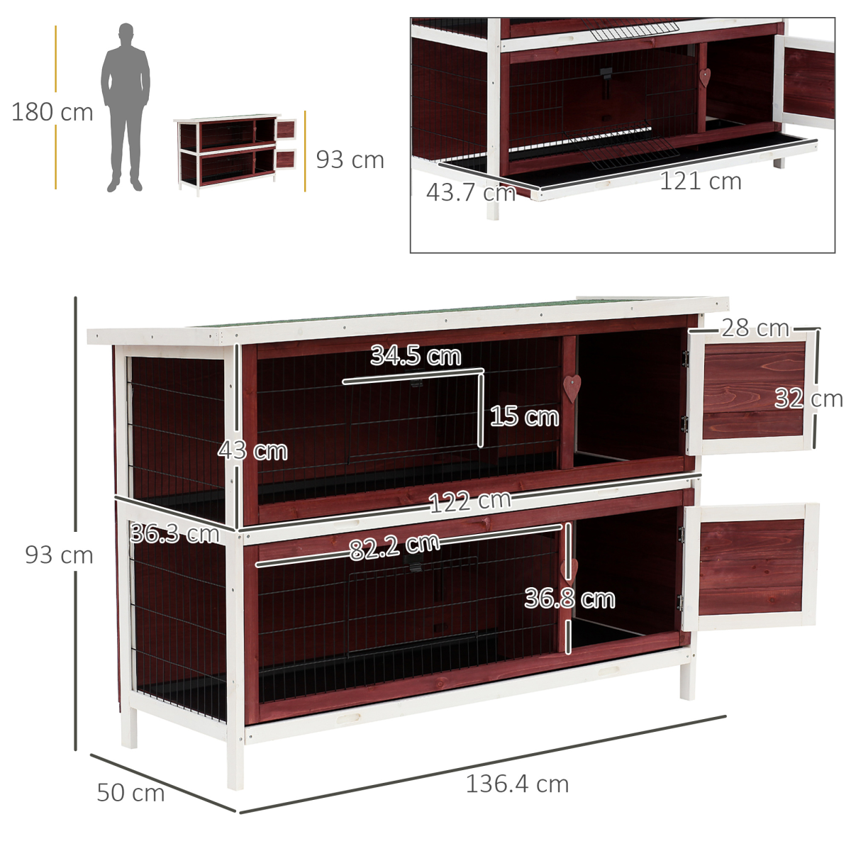 Pawhut Two-Tier Wooden Rabbit Hutch with Slide-Out Trays and Asphalt Roof – Elevated Bunny Cage for Small Pets