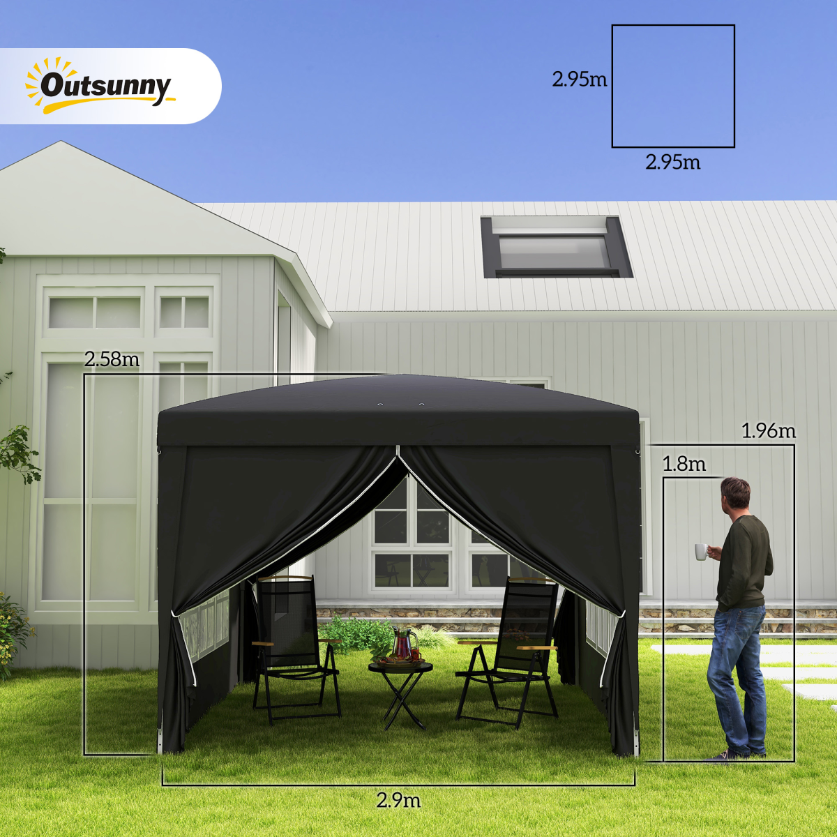 Outsunny 3 x 3m Pop Up Gazebo with Four Removable Walls & Carry Bag – Garden Party Tent Canopy, Black