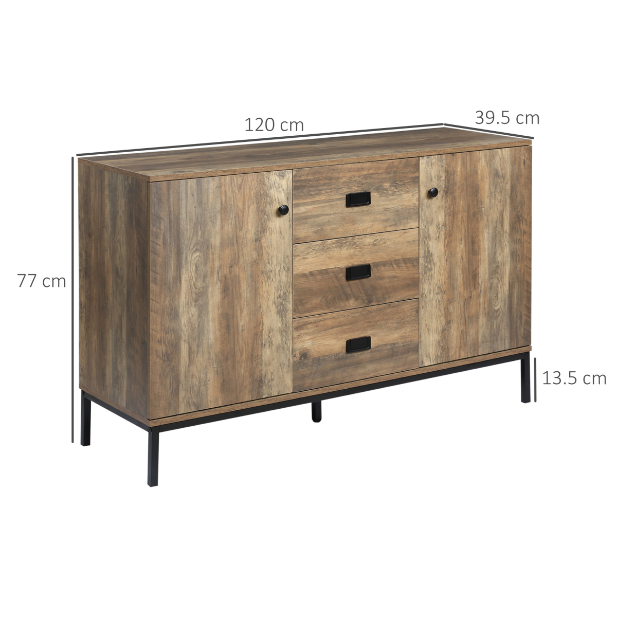 HOMCOM Industrial Sideboard Storage Cabinet with 3 Drawers & 2 Cabinets – Distressed Brown