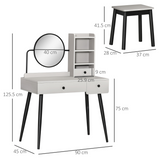HOMCOM Dressing Table Set with 3 Drawers, Side Shelves, Mirror & Stool – Grey