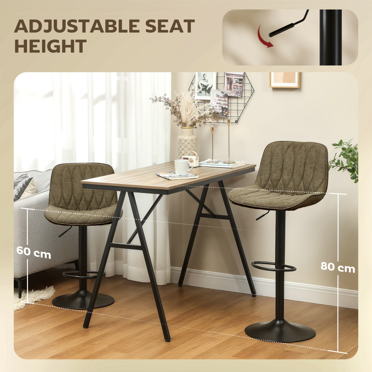 Set of 2 Adjustable Bar Stools with High Backs, Linen-Look Upholstery & 360° Swivel – Gas Lift Kitchen Stools
