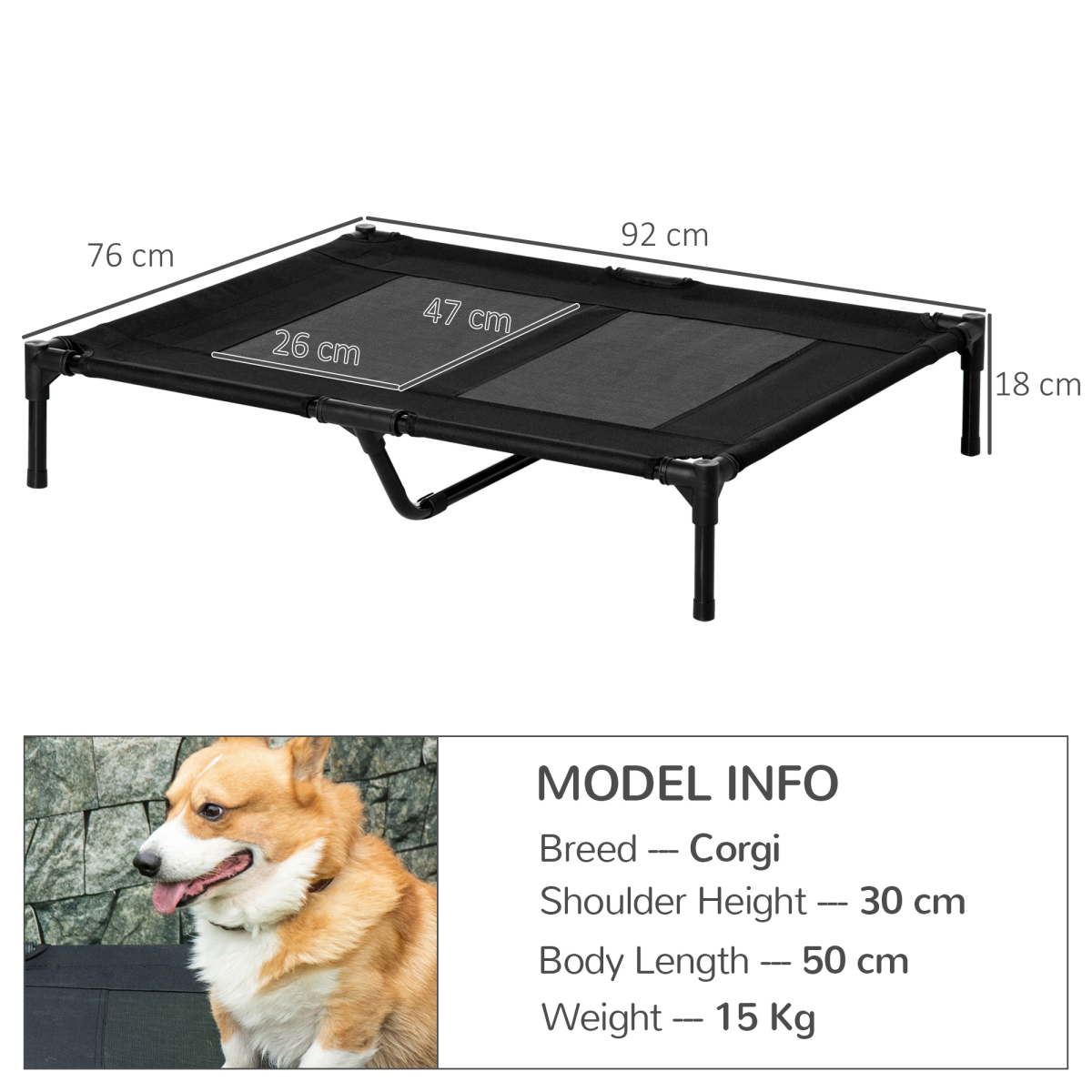 PawHut Large Elevated Pet Cot – Portable Raised Dog Bed for Camping & Outdoors, Black, 92 x 76 cm