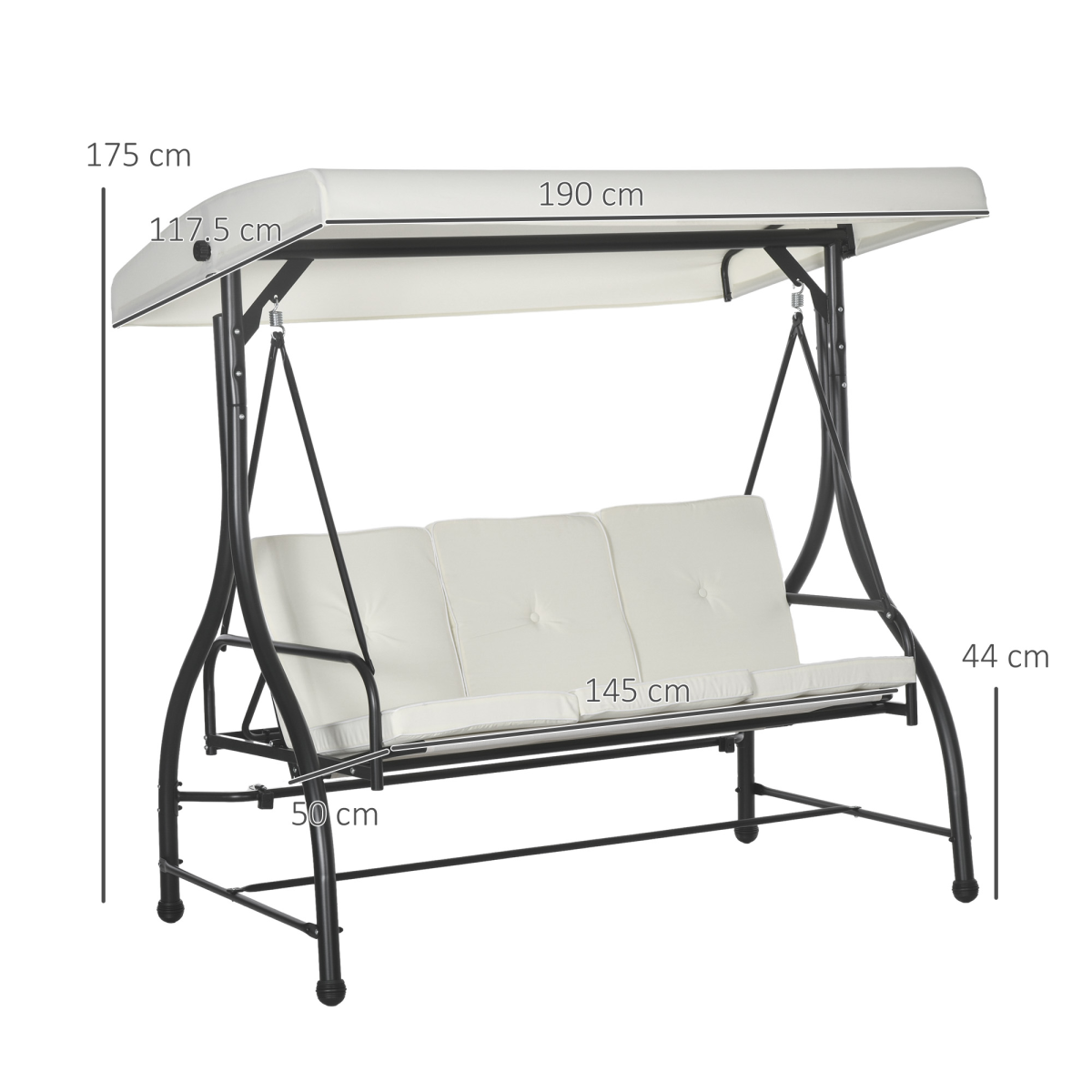 Outsunny 3-Seater Canopy Swing Chair with Padded Cushions – Garden Hammock Bench, Adjustable Canopy, Cream White
