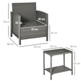 Outsunny Rattan Bistro Set with Glass-Top Table and Cushioned Chairs – Patio Furniture, Grey and Cream White