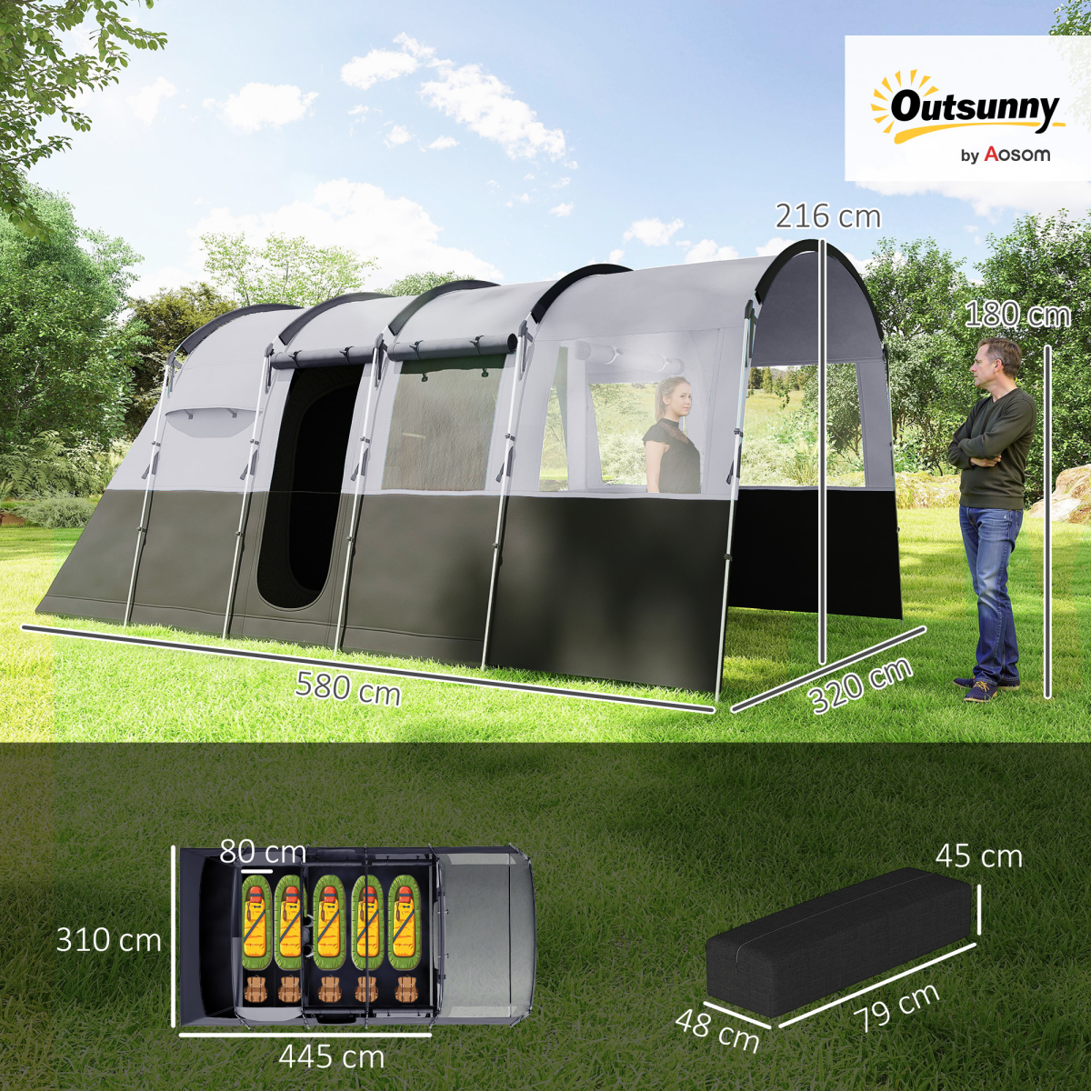 Outsunny 8-Person Tunnel Tent with 4 Large Windows & Removable Inner Walls – Family Camping Tent, Dark Grey