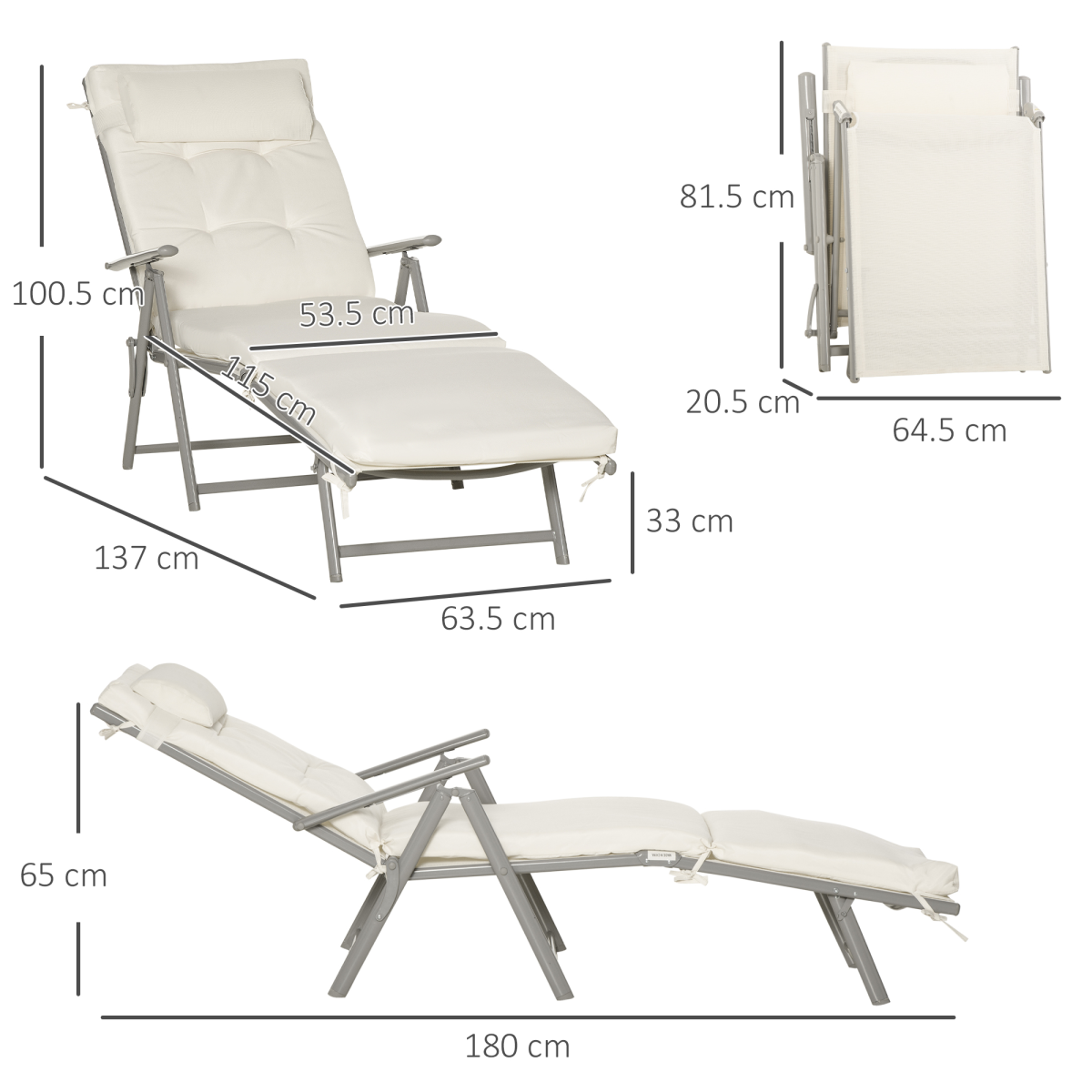 Outsunny Foldable Sun Lounger with 7-Level Adjustable Backrest, Padded Seat and Pillow – Textilene, White