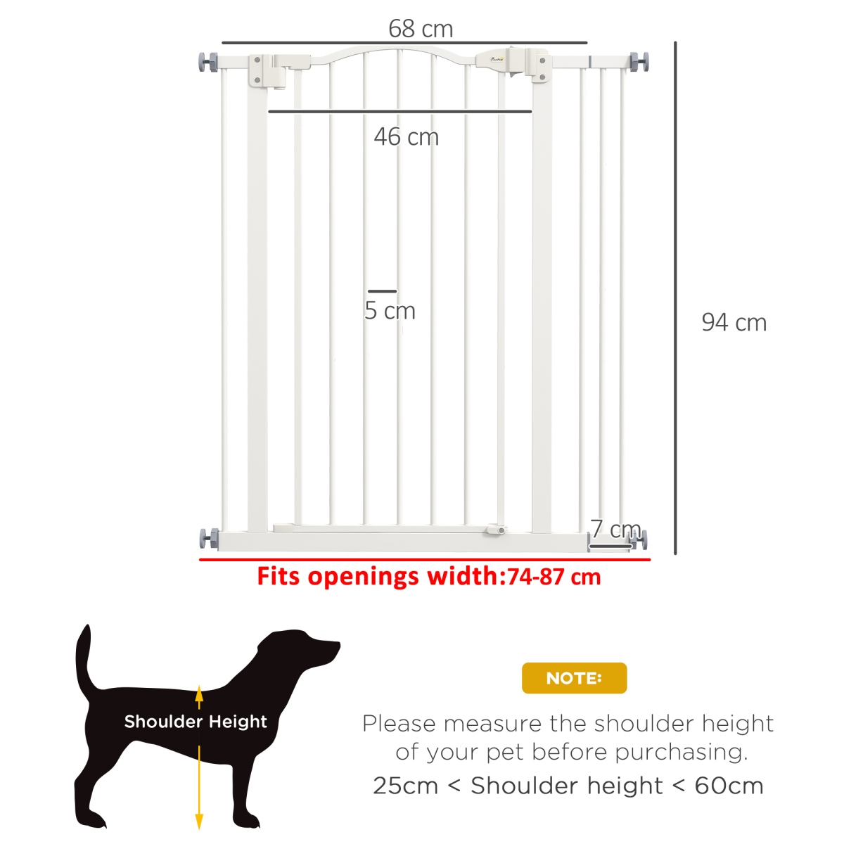 PawHut 74–87cm Adjustable Metal Pet Gate with Auto-Close Door – Safety Barrier for Doors and Stairs, White