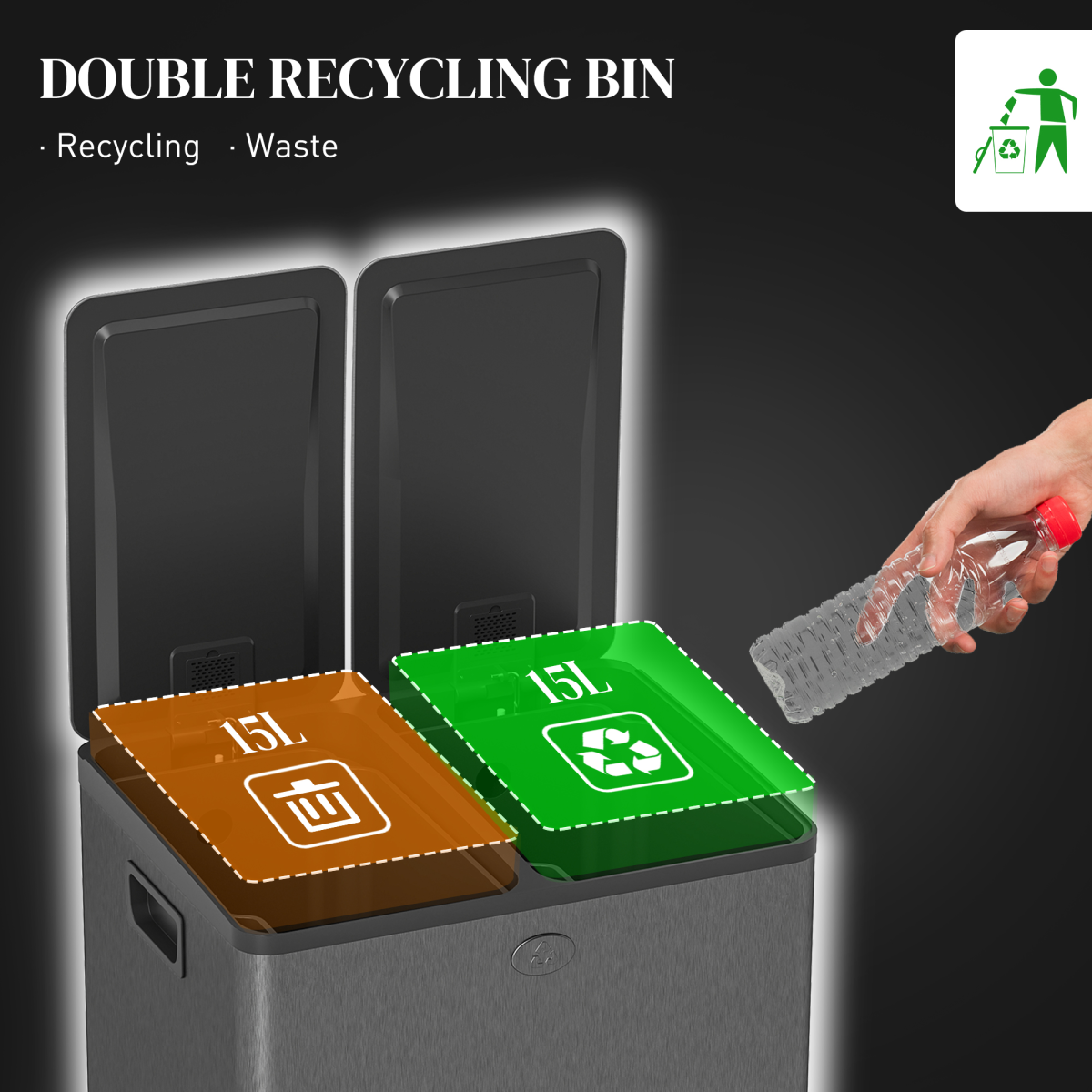 HOMCOM 2 x 15L Dual Compartment Pedal Bin for Recycling & Waste – Stainless Steel Kitchen Bin, Black