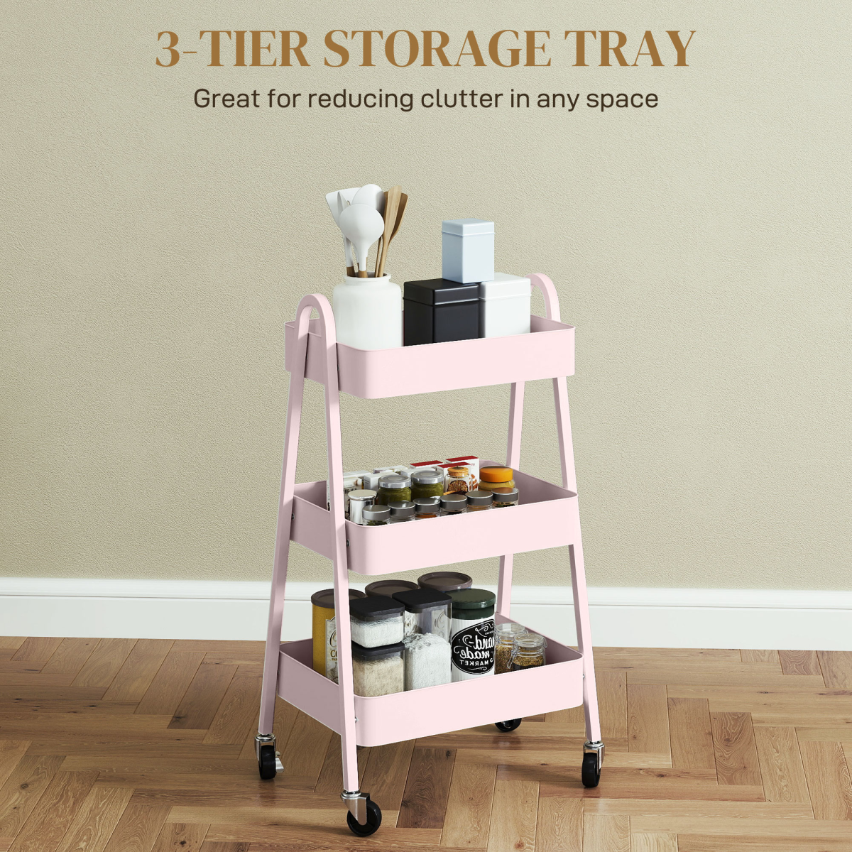 HOMCOM 3-Tier Rolling Utility Cart with Mesh Trays – Kitchen Storage Trolley, Pink