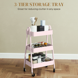 HOMCOM 3-Tier Rolling Utility Cart with Mesh Trays – Kitchen Storage Trolley, Pink