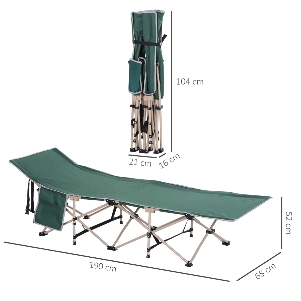 Outsunny Single Folding Camping Cot with Steel Frame, Side Pocket & Carry Bag – Portable Camp Bed, Green