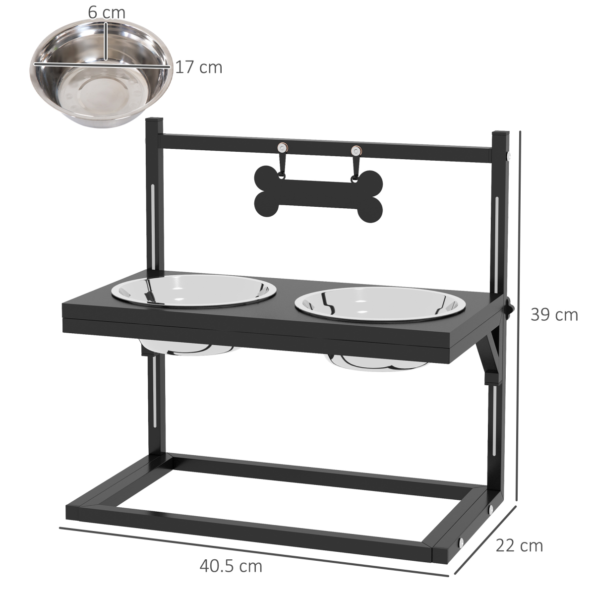 PawHut Raised Dog Bowl Stand with Two Stainless Steel Bowls – Adjustable Height Feeder, Black