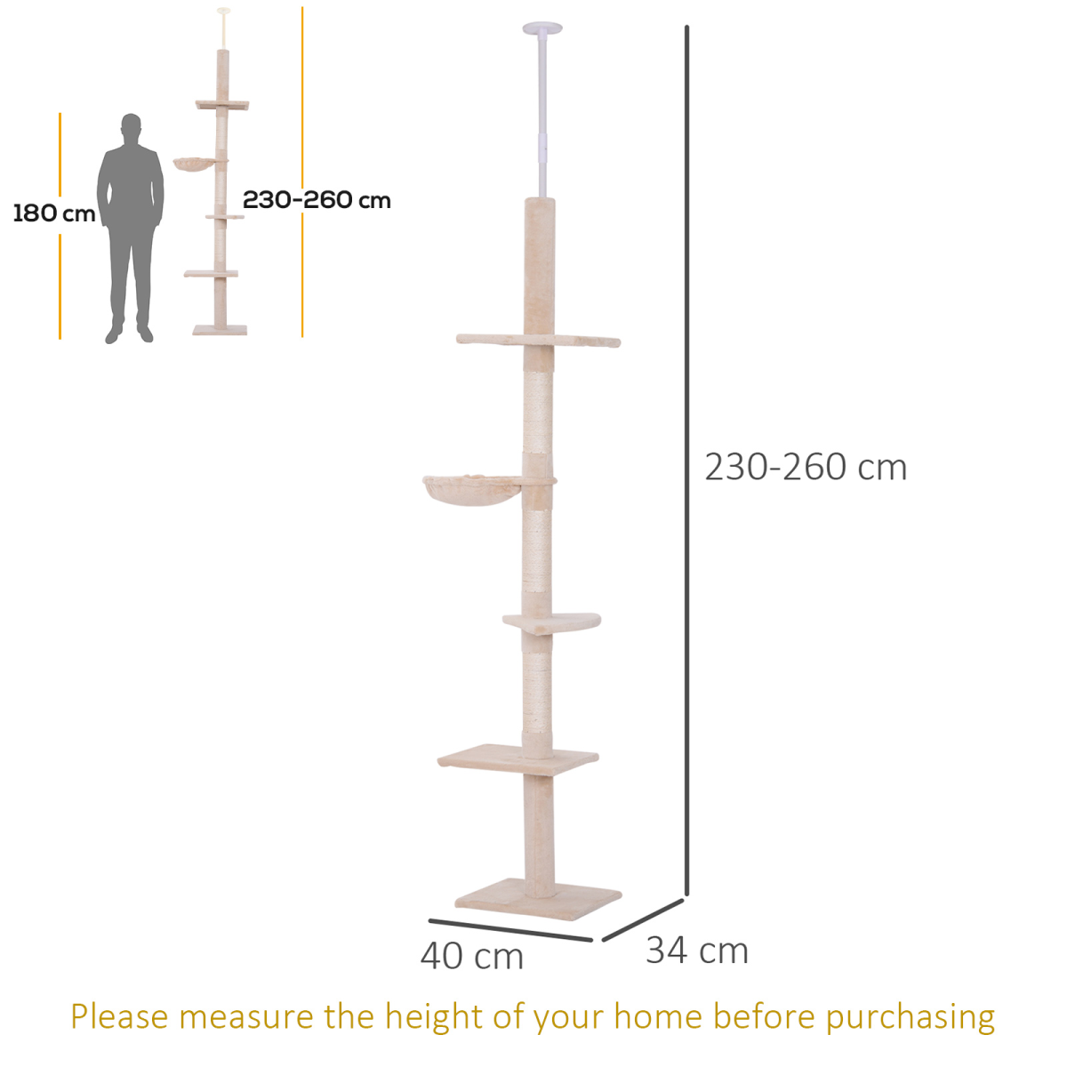 Pawhut 5-Tier Floor to Ceiling Cat Tree with Scratching Post – Activity Tower, Adjustable 230–260cm