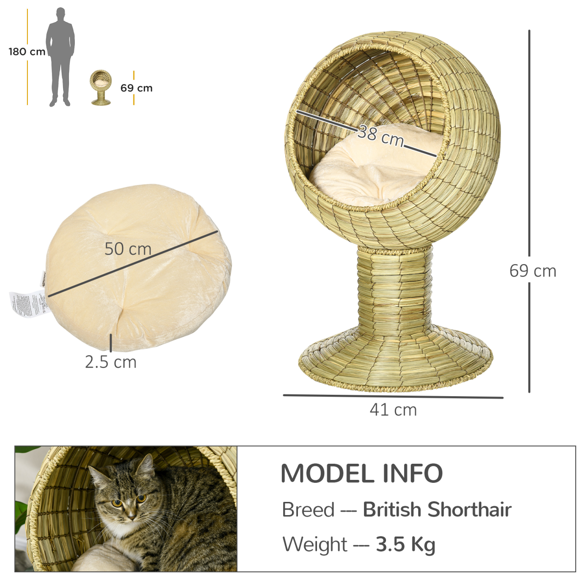 PawHut Raised Cat House with Natural Mat Grass Basket, Cushion and Stand – Detachable Cat Bed, 41 x 69 cm