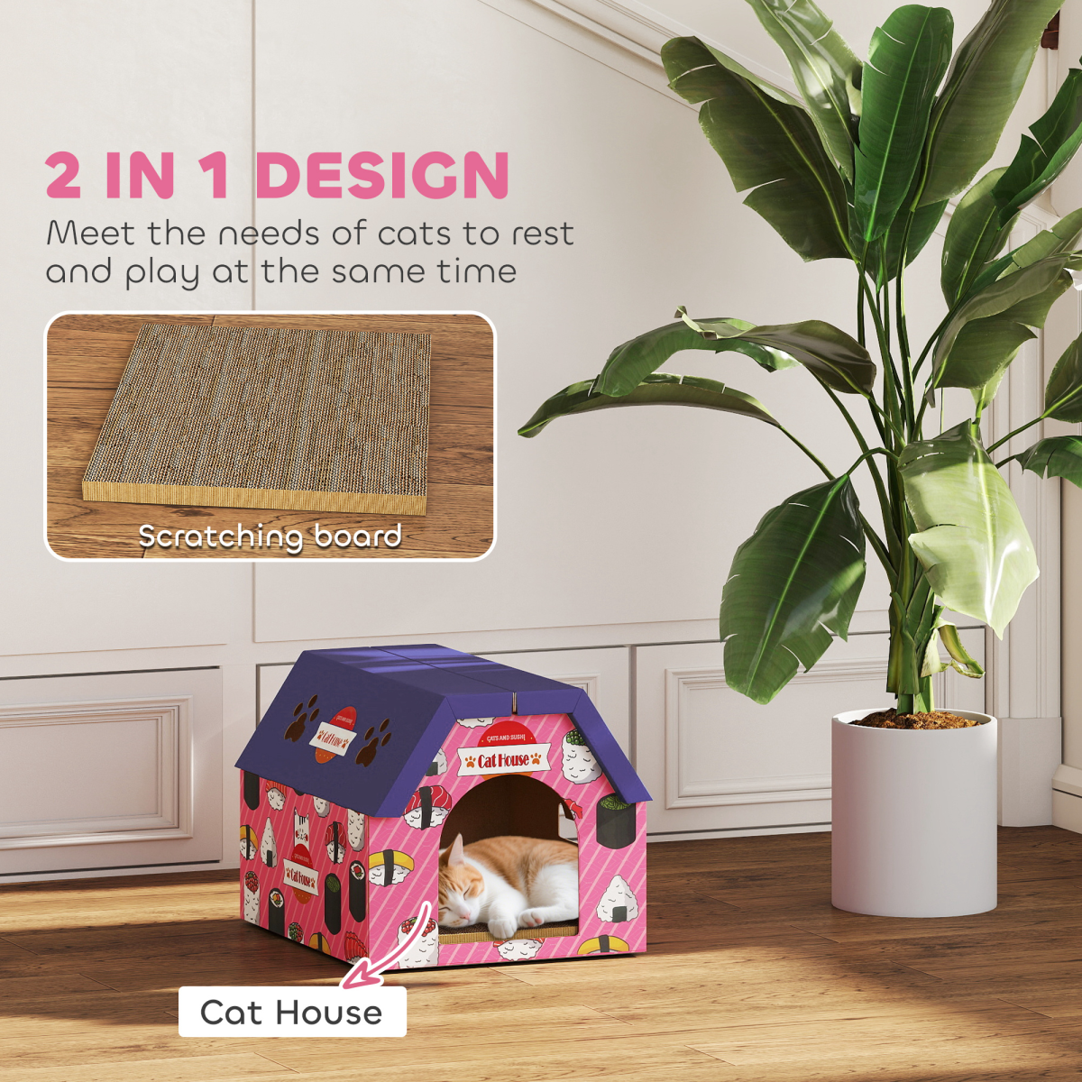 PawHut 2-in-1 Cat Scratching Board House with 4 Paw-Shaped Vents & Cat Grass – Cardboard Cat Bed, Pink