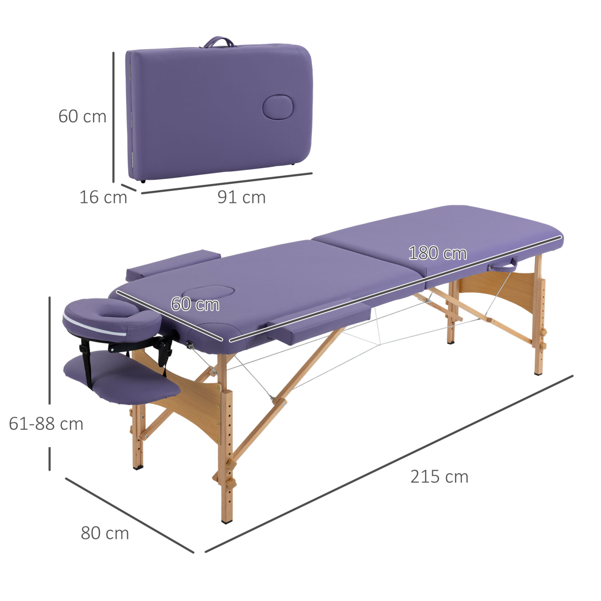 HOMCOM Portable Massage Table with Adjustable Height, Detachable Headrest & Carry Bag – Folding Beauty Bed, Purple