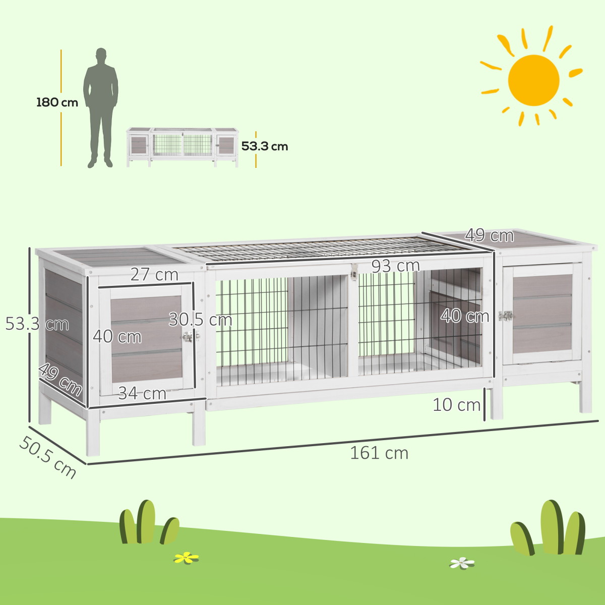 PawHut Indoor Rabbit Hutch with Separable Rooms and Slide-Out Tray – Guinea Pig Cage & Bunny Run, Grey
