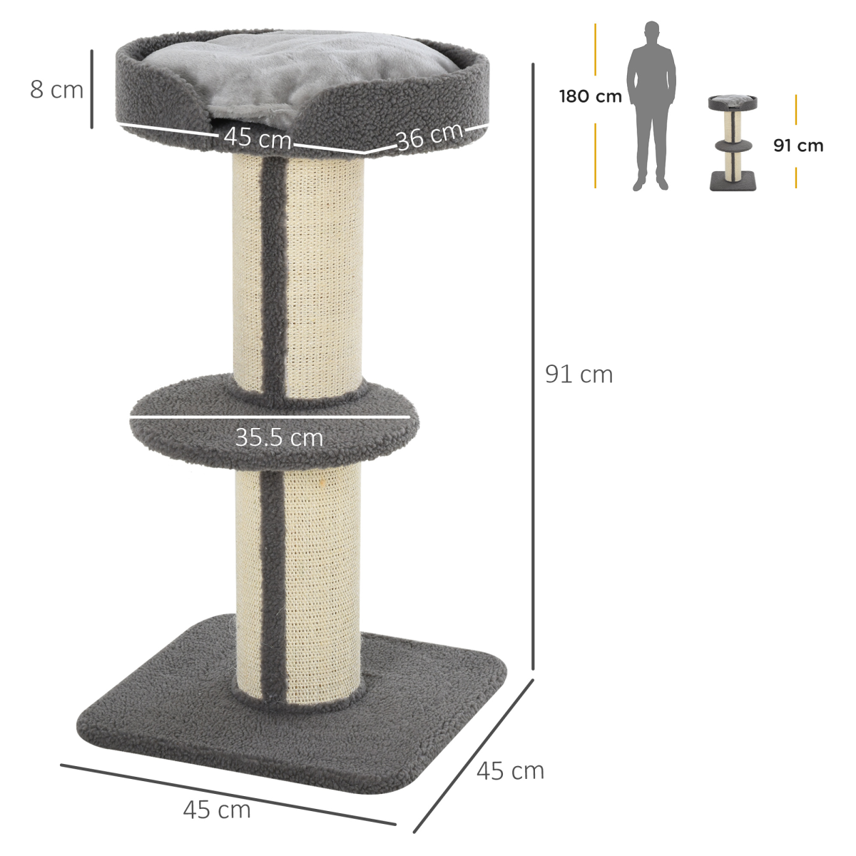 PAWHUT 91cm Cat Tree with Sisal Scratching Post and Plush Top Perch – Kitten Activity Tower, Lamb Cashmere Style