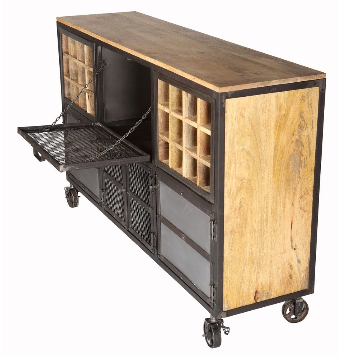 Evoke Industrial Bar Cabinet in Aged Metal & Solid Wood – Home Bar Storage for Bottles & Glassware
