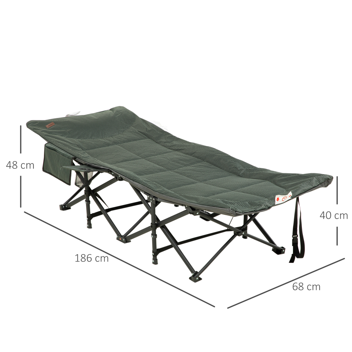 Outsunny Foldable Camping Bed with Cup Holder, Magazine Pocket & Carry Bag – 170° Recline, Grey